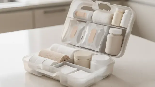 Erste Hilfe Apotheke mit wichtigen Hilfsmitteln für Notfälle zuhause