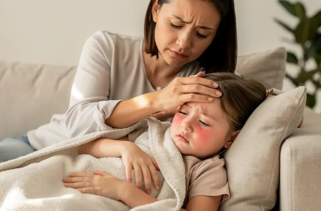Kinder mit Fieber und fiebersenkenden Medikamenten zur Linderung von Beschwerden