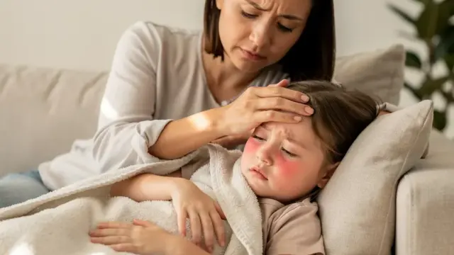 Kinder mit Fieber und fiebersenkenden Medikamenten zur Linderung von Beschwerden