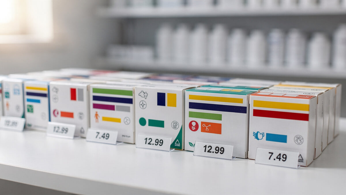 Medikamentenpackungen mit Preisschildern auf Apothekentisch für Preisvergleich bei Arzneimitteln