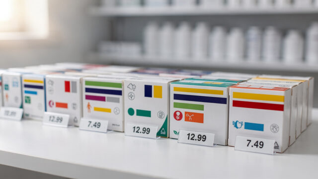 Medikamentenpackungen mit Preisschildern auf Apothekentisch für Preisvergleich bei Arzneimitteln