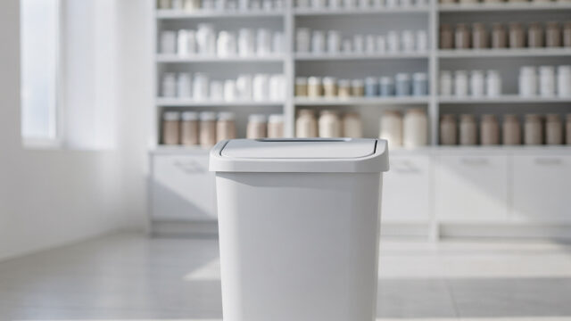 Abgelaufene Medikamente werden ordnungsgemäß in einem Entsorgungsbehälter in der Apotheke entsorgt