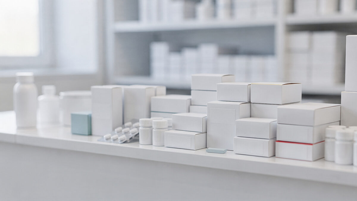 Medikamentenpackungen mit Preisschildern auf Apothekentisch für Preisvergleich bei Arzneimitteln