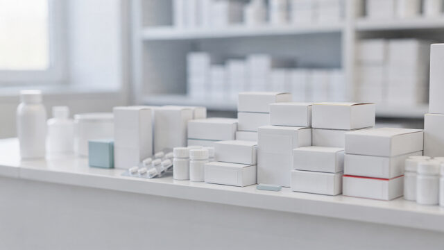Medikamentenpackungen mit Preisschildern auf Apothekentisch für Preisvergleich bei Arzneimitteln