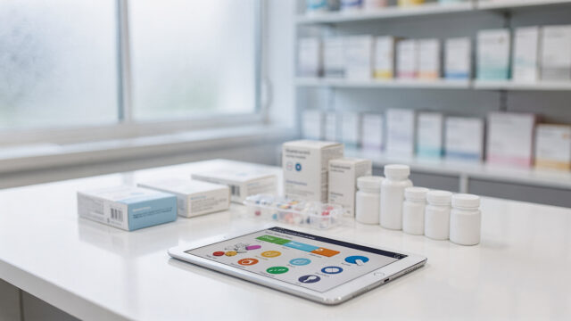 Antibiotika-Packung neben Antibabypillen-Blister auf Apothekentisch zur Veranschaulichung möglicher Wechselwirkungen