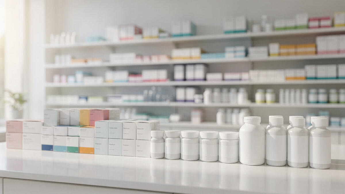 Moderne Apotheke mit geordneten Medikamentenpackungen im Regal – Sparoptionen bei Gesundheitsprodukten