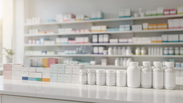 Moderne Apotheke mit geordneten Medikamentenpackungen im Regal – Sparoptionen bei Gesundheitsprodukten