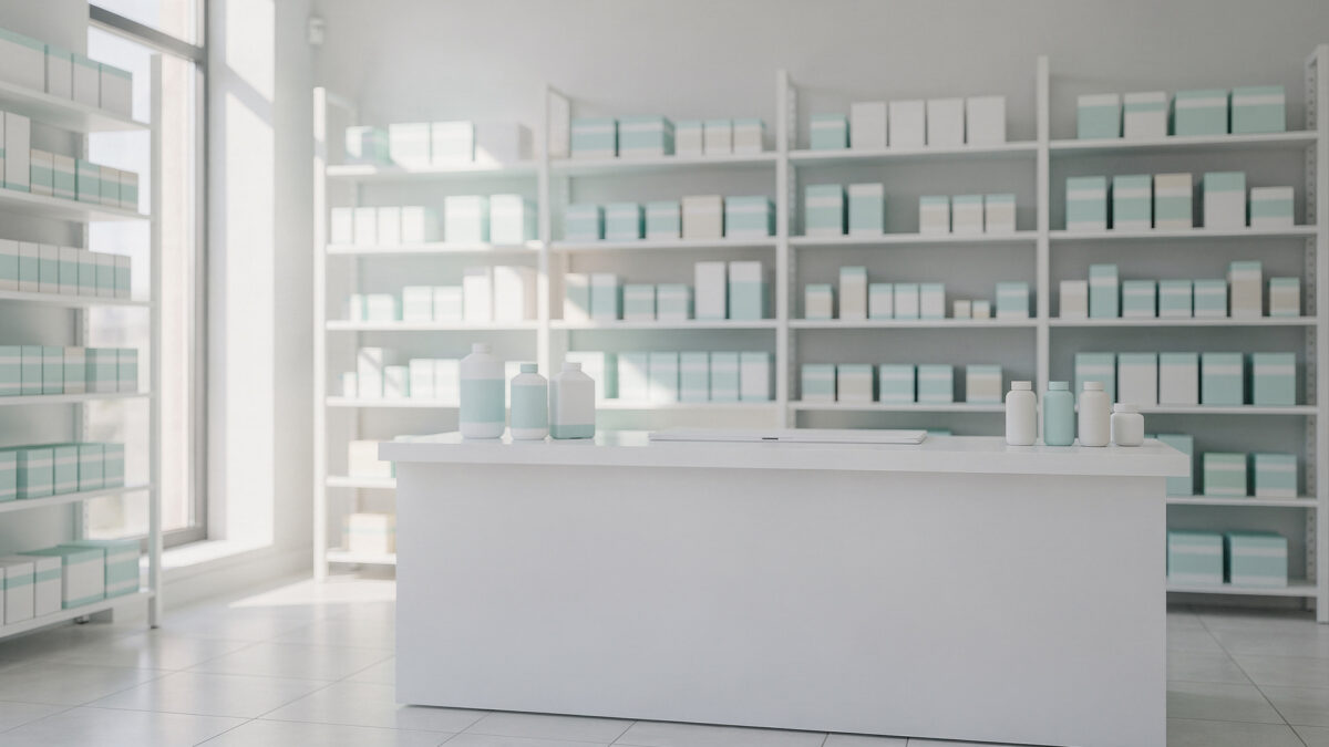 Moderne Apotheke mit geordneten Medikamentenpackungen im Regal und auf dem Tresen für Preisvergleich