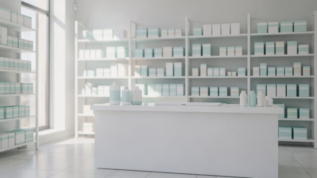 Moderne Apotheke mit geordneten Medikamentenpackungen im Regal und auf dem Tresen für Preisvergleich