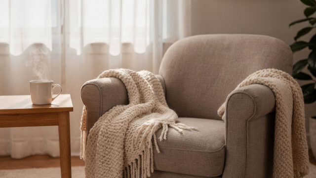 Gemütlicher Seniorenwohnraum mit warmer Decke und Kräutertee bei Erkältung im Alter