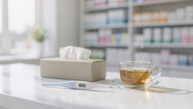 Verschiedene Erkältungsmedikamente wie Nasenspray und Hustenlöser ordentlich auf einem Apothekentisch arrangiert
