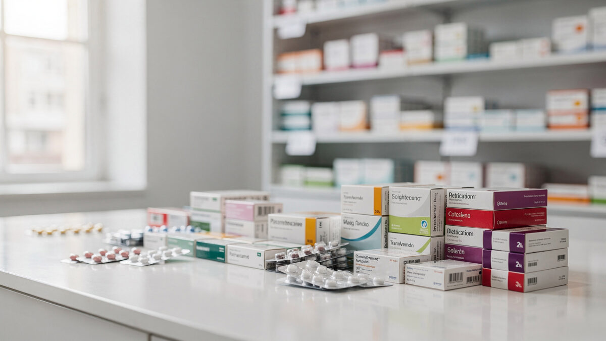 Medikamentenpackungen und Blisterstreifen auf Apothekentresen mit Preisschildern im Hintergrund