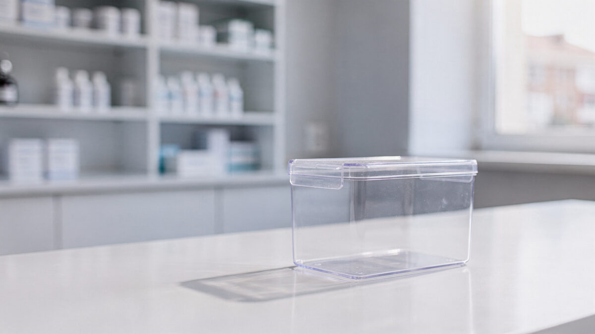 Geordnete Arzneimittelentsorgung in der Apotheke mit Sammelbox und abgelaufenen Medikamentenverpackungen