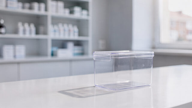 Geordnete Arzneimittelentsorgung in der Apotheke mit Sammelbox und abgelaufenen Medikamentenverpackungen