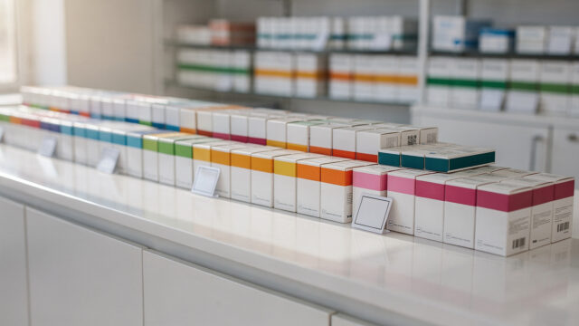 Apothekenregal mit Medikamentenpackungen und Preisschildern für Medikamente Preisvergleich