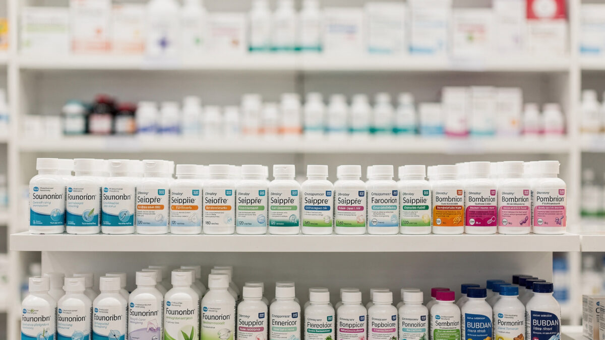 Geordnetes Apothekenregal mit rezeptfreien Medikamenten in übersichtlicher Anordnung