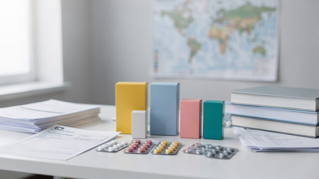 Medikamentenpackungen mit internationalen Kennzeichnungen neben Zolldokumenten und Weltklarte auf Schreibtisch