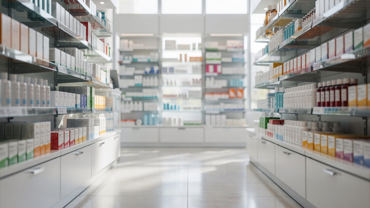 Helle Apothekenregale mit geordneten Medikamenten und Gesundheitsprodukten zur günstigen Preisübersicht
