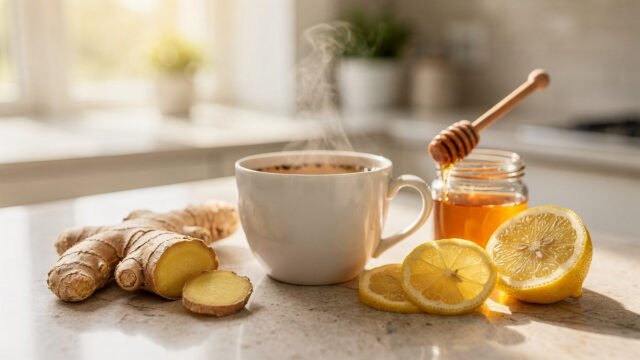Tasse Kräutertee mit Ingwer, Honig und Zitrone – sichere Hausmittel bei Erkältung in der Schwangerschaft