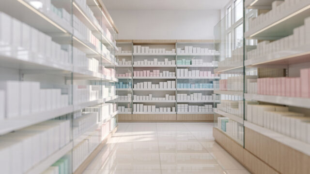 Apothekenregal mit geordneten Medikamenten und Produkten zur Veranschaulichung von Sparmöglichkeiten bei Arzneimitteln