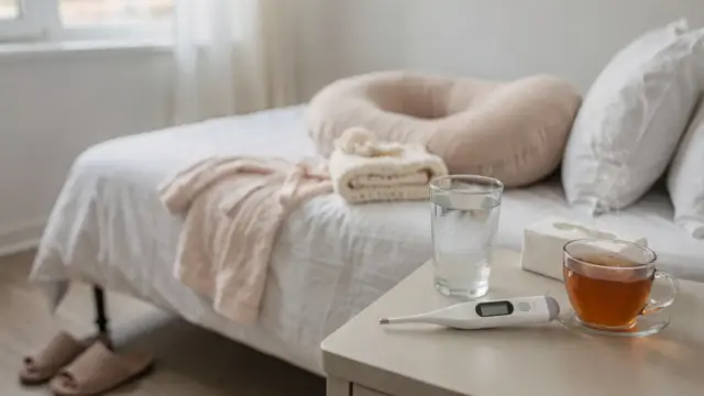 Schwangere kurz vor der Geburt mit Thermometer, Taschentüchern und Tee bei Erkältung