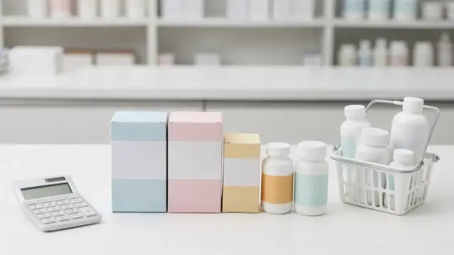 Apotheke mit Medikamenten und Rechenhilfe zum Thema günstig sparen bei Medikamenten