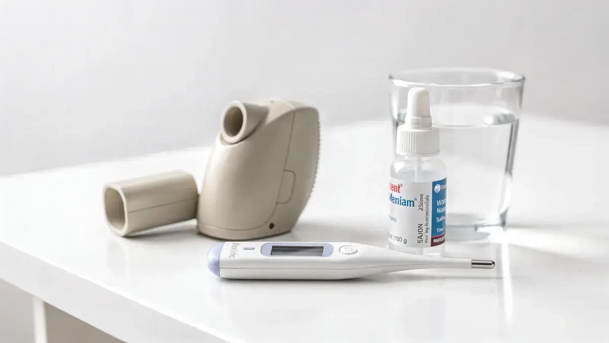 Medikament gegen Entzündung der oberen Atemwege: Inhaler, Nasenspray und Thermometer in einer hellen Apothekenszene