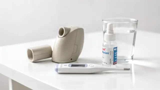 Medikament gegen Entzündung der oberen Atemwege: Inhaler, Nasenspray und Thermometer in einer hellen Apothekenszene
