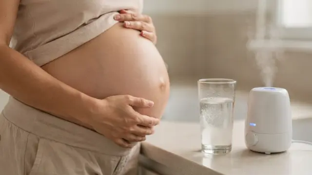 Schwangere mit Wasser und Luftbefeuchter im Bad – Schleim im Hals ohne Erkältung in der Schwangerschaft