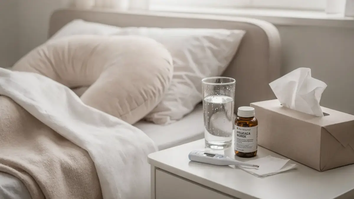 Schwangere Frau im Bett mit Wasser, Thermometer und Taschentüchern zum Thema Erkältung in der Schwangerschaft