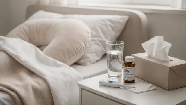 Schwangere Frau im Bett mit Wasser, Thermometer und Taschentüchern zum Thema Erkältung in der Schwangerschaft