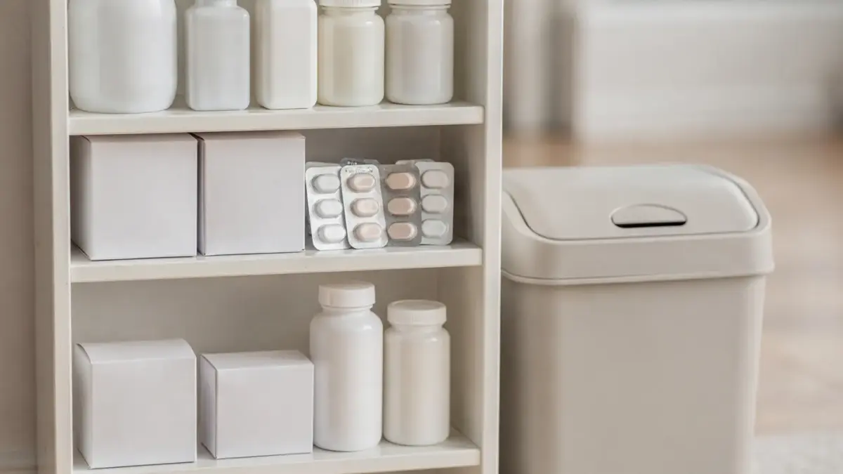Abgelaufene Medikamente entsorgen: Medikamentenschachteln und Blisterpackungen neben einer Entsorgungsbox.