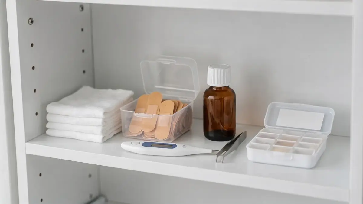 Hausapotheke mit Pflastern, Fieberthermometer, Mull und Desinfektionsmittel für die Grundausstattung