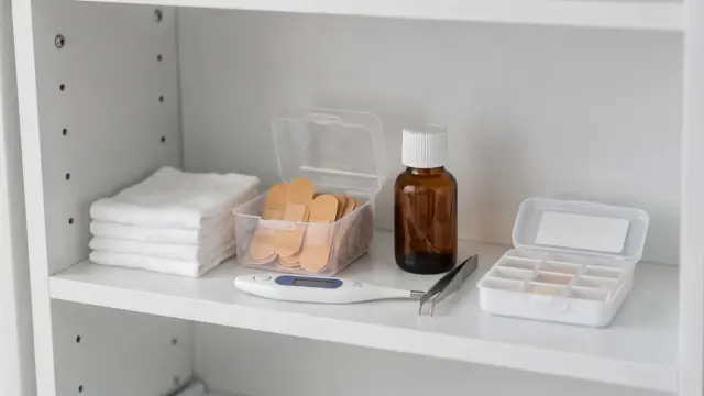 Hausapotheke mit Pflastern, Fieberthermometer, Mull und Desinfektionsmittel für die Grundausstattung