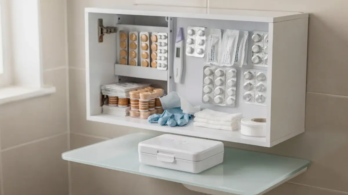 Geordnete Hausapotheke mit Hausapotheke-Box, Pflastern, Thermometer und Verbandsmaterial