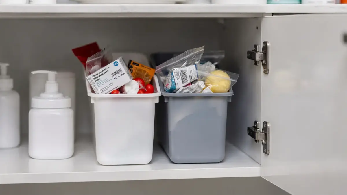 Abgelaufene Medikamente in einer geordneten Box zur richtigen Entsorgung im Haushalt