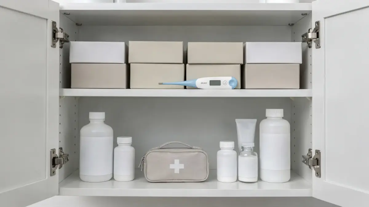 Geordnete Hausapotheke mit Thermometer, Verbandskasten und Medikamenten im Schrank für den Kaufgebrauch