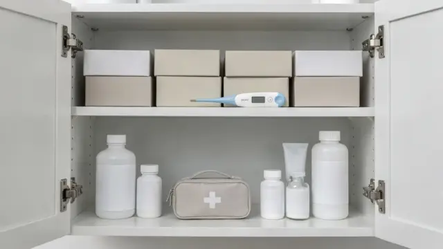 Geordnete Hausapotheke mit Thermometer, Verbandskasten und Medikamenten im Schrank für den Kaufgebrauch