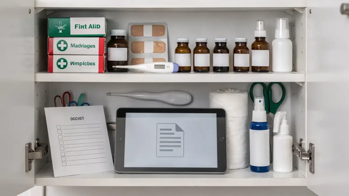 Geordnete Hausapotheke mit Tablet und PDF-Symbol zum Thema kostenlose PDF-Hausapotheke