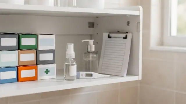 Ordentliche Hausapotheke mit Verband, Thermometer, Medikamenten und Checkliste zur Kontrolle.
