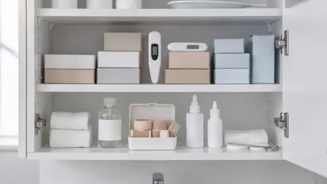 Ordentliche Hausapotheke mit Thermometer, Verbandsmaterial und Heilmitteln für den Alltag