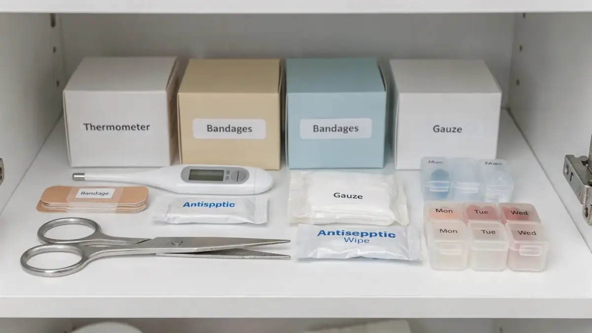 Geordnete Hausapotheke mit Thermometer, Pflastern und Verbandsmaterial für die Hausapotheke-Liste