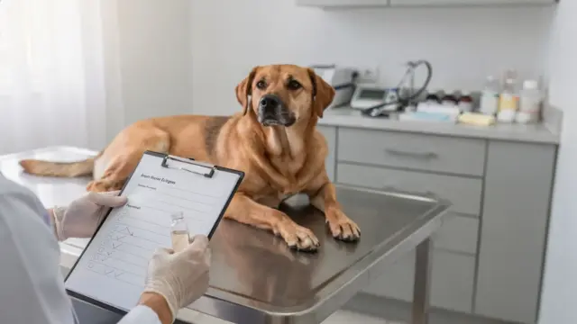 Tierarzt untersucht einen Hund bei Allergien mit Checkliste und Probenglas