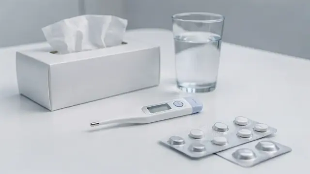 Paracetamol und Ibuprofen neben Thermometer und Taschentüchern bei Erkältung