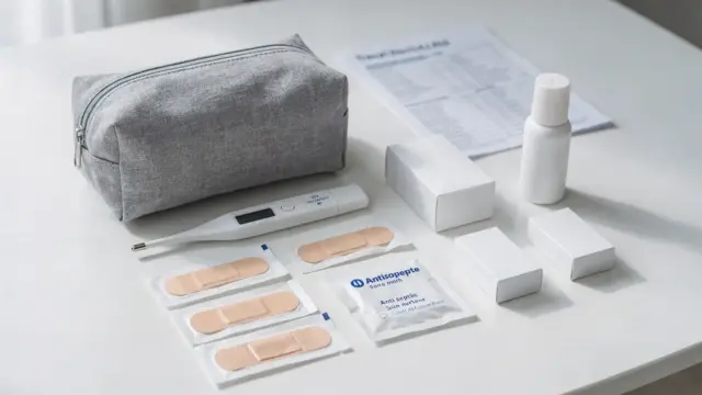 Geordnete Reiseapotheke mit Pflaster, Thermometer, Desinfektion und Sonnencreme