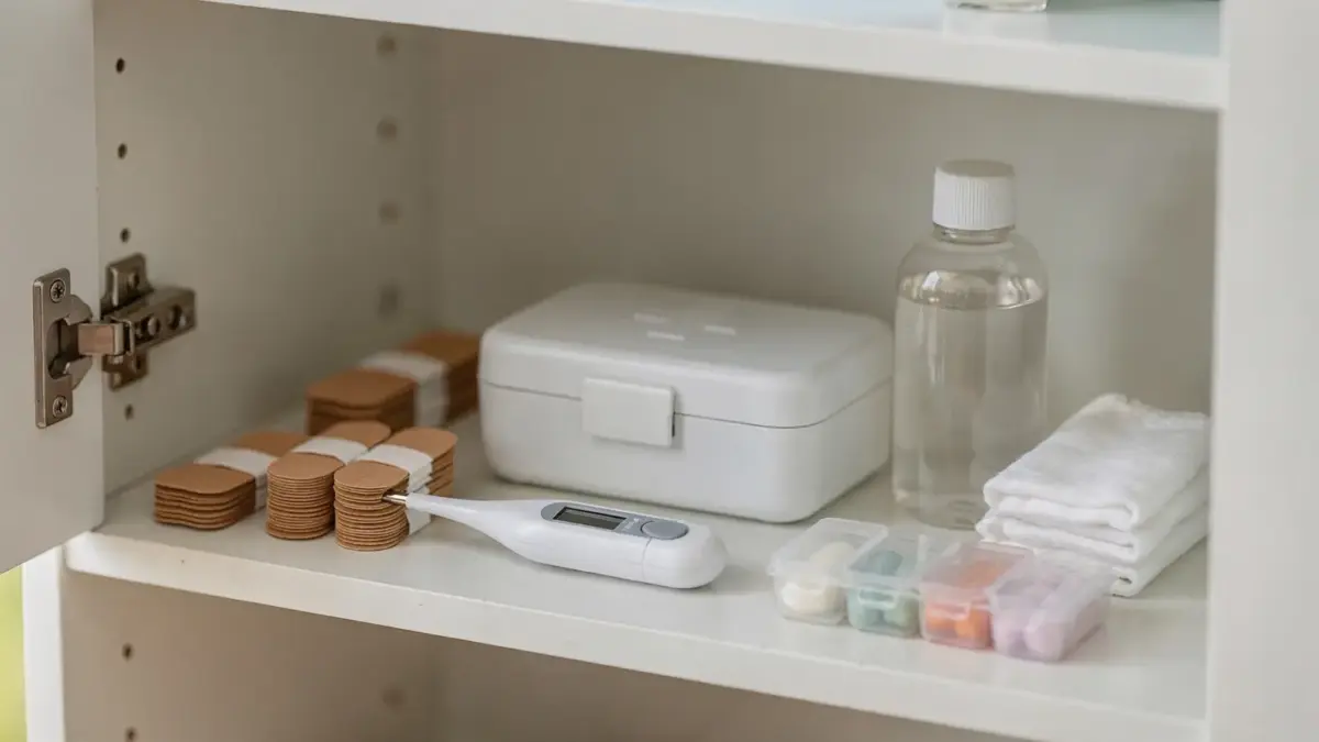 Geordnete Hausapotheke mit Verbandsmaterial, Thermometer und Medikamenten im Schrank