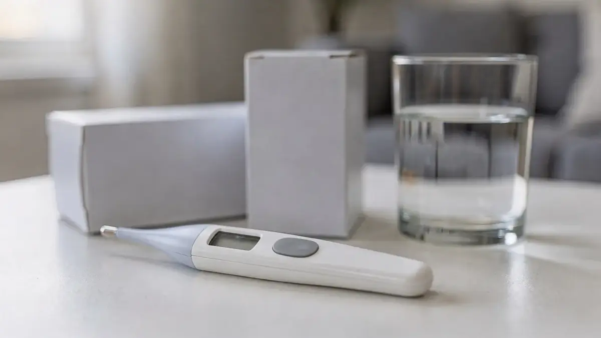 Paracetamol und Ibuprofen bei Erkältung: Tablettenschachteln, Thermometer und Wasser auf einem Tisch