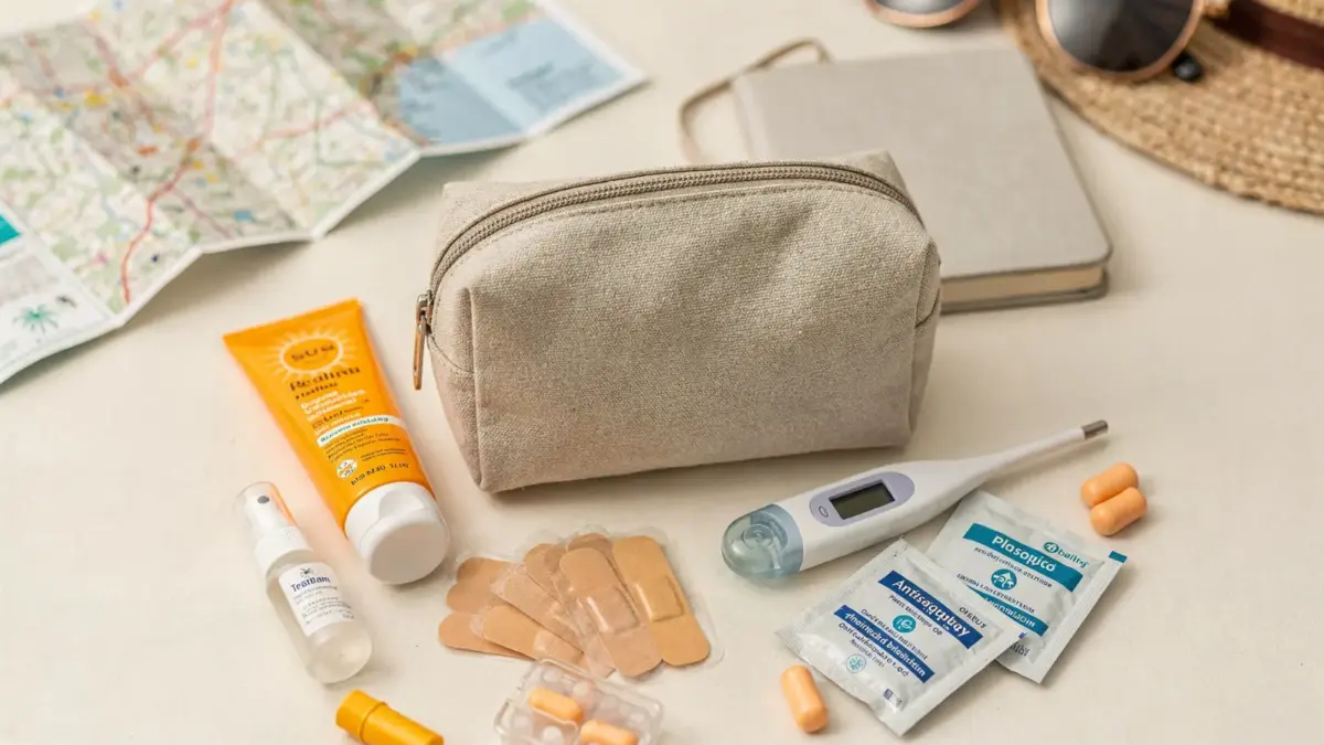 Geordnete Thailand-Reiseapotheke mit Sonnenschutz, Insektenschutz und Pflastern für die Reise