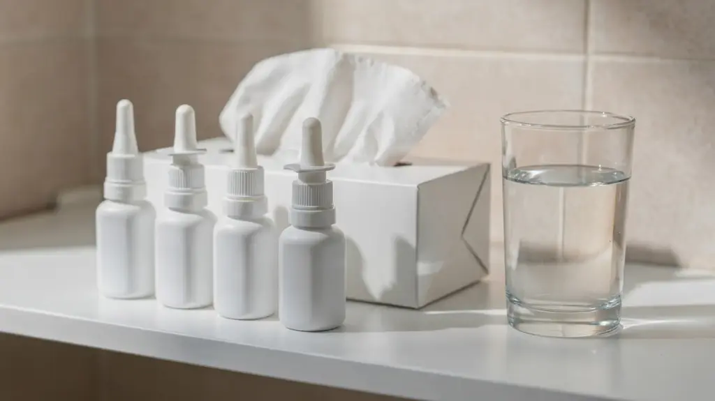 Nasensprays und Taschentücher als Symbol für Nasenspray bei Allergien und Heuschnupfen