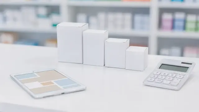 Preisvergleich für Medikamente am Apotheken-Tresen mit Tablett und Arzneipackungen